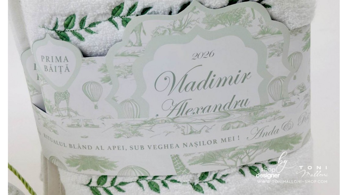 Set prima băiță Green Safari personalizat băiat ritual după botez cu nașii 21